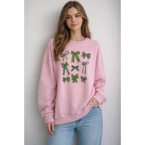 Petal Pink Sweatshirt Green Bow Print Crewneck Long Sleeve Women's Size 2XL